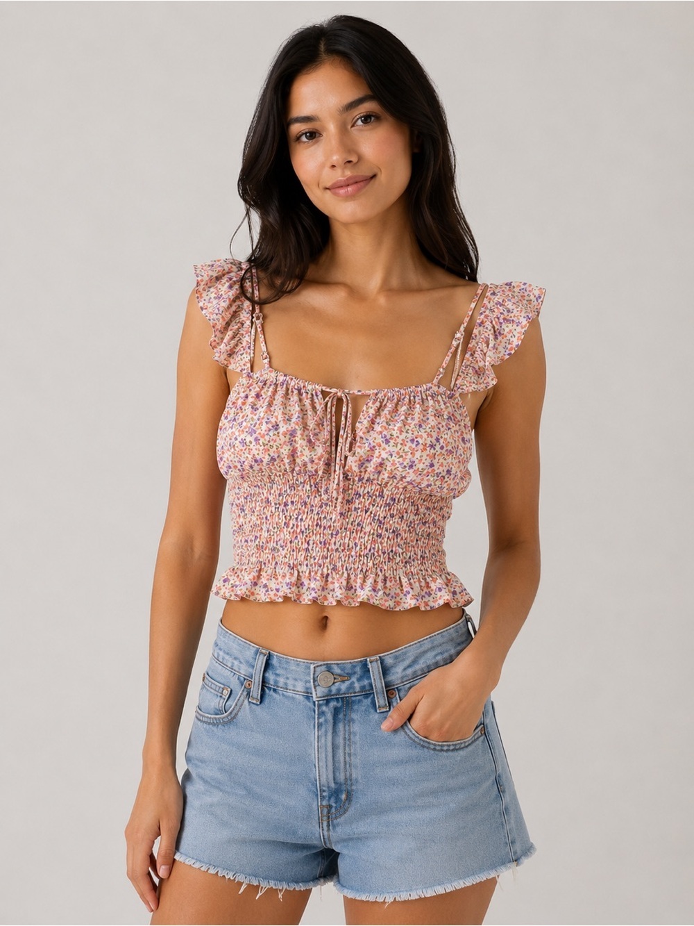 Active USA Pink Floral Smocked Ruffle Crop Top